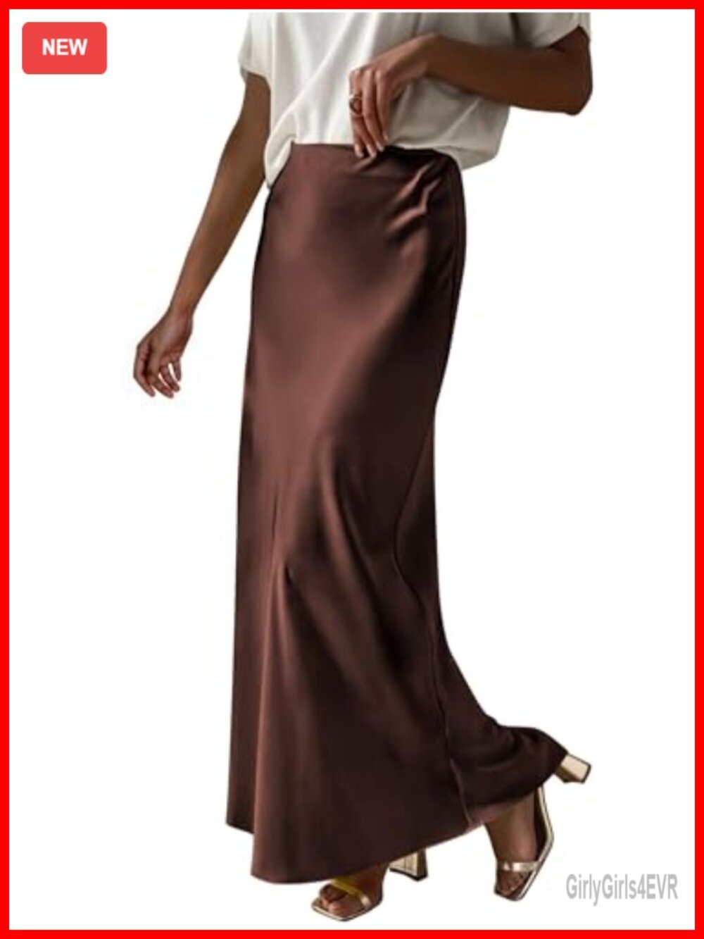 Satin Maxi Skirt High Waisted Elastic Waist Loose Fit Side Zip